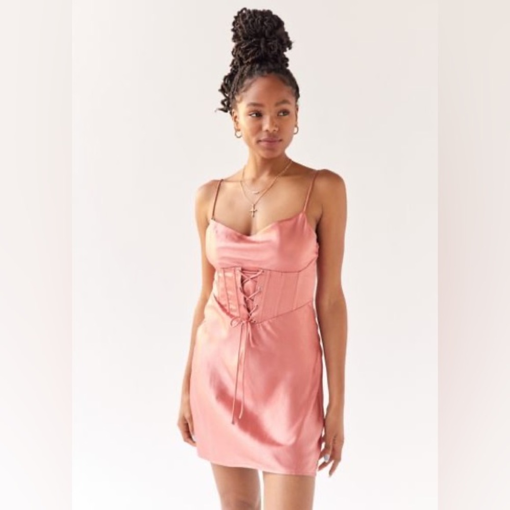 Urban Outfitters | Kiss The Sky Satin Corset Mini Dress Pink Rose Romantic New